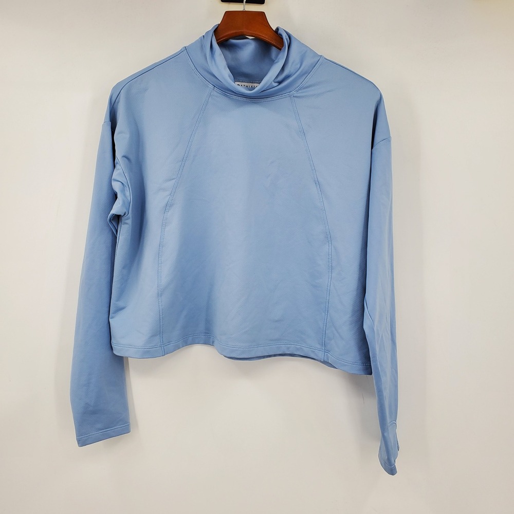 Athleta Whistler Mock Neck Top Blue Cropped Thumbhole Pullover L Cozy Athleisure